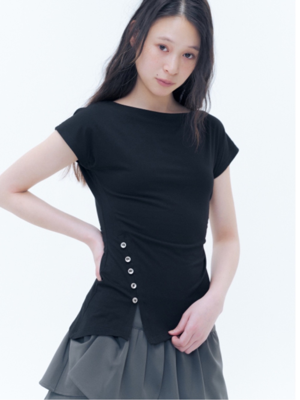 Black Short Sleeve Top with Side Button Detail
